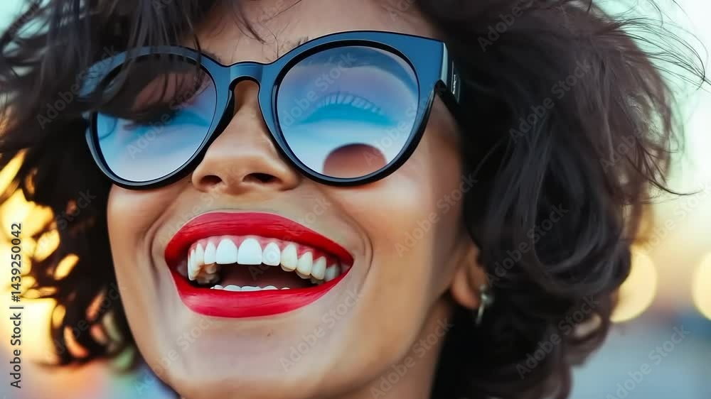 Joyful moment: woman laughing and enjoying life with sunglasses at sunset Joyful moment: woman laughing and enjoying life with sunglasses at sunset