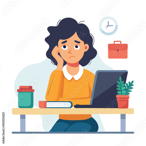 Bored woman sitting at desk. Tired sad office worker. Procrastination, burnout and boredom concept. Depressed upset exhausted lazy student. Flat vector illustration isolated on white background