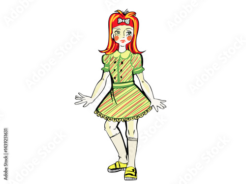 Red Haired Girl Cartoon in Green Yellow Dress and Shoes