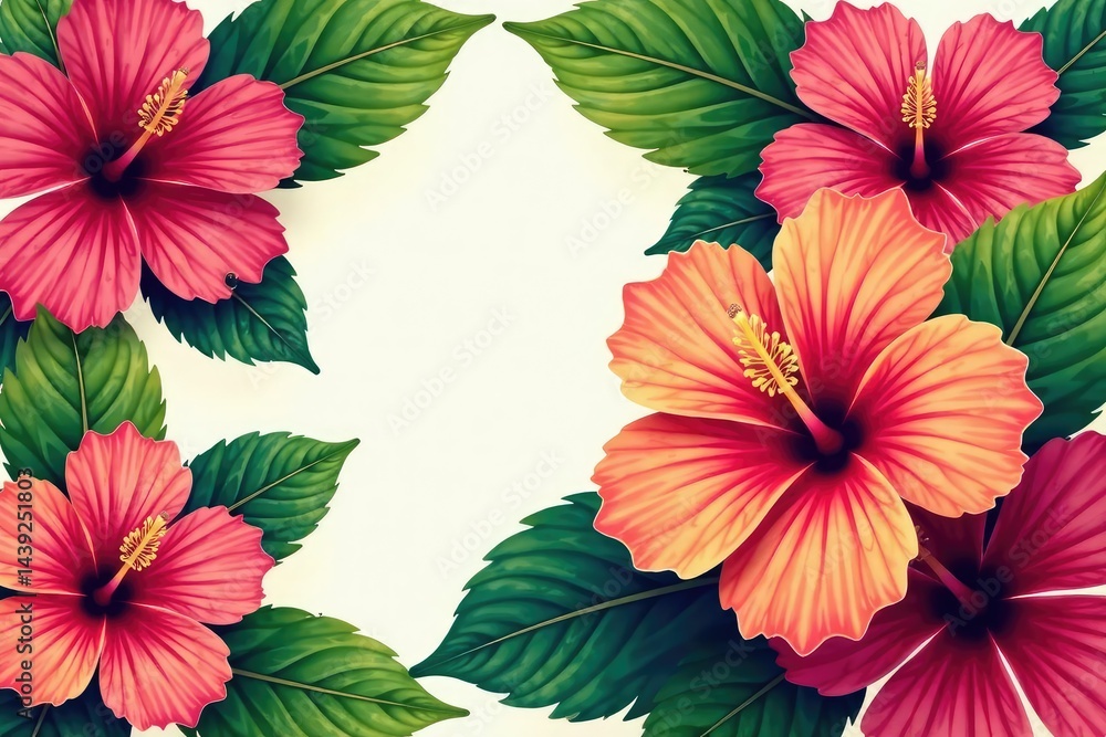 Fototapeta premium Bold hibiscus blossoms, vibrant tropical motif, hibiscus, pattern