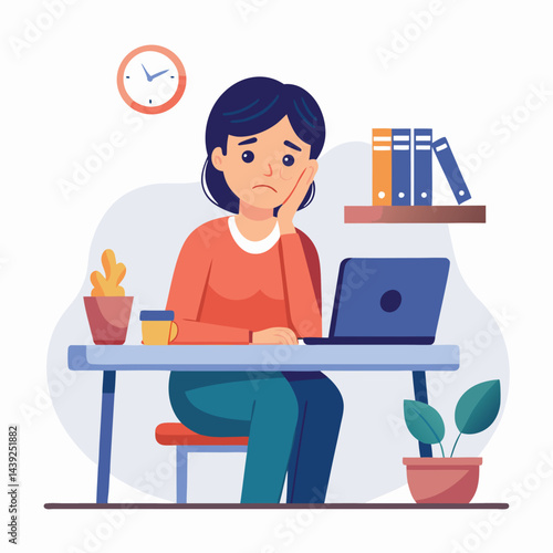 Bored woman sitting at desk. Tired sad office worker. Procrastination, burnout and boredom concept. Depressed upset exhausted lazy student. Flat vector illustration isolated on white background