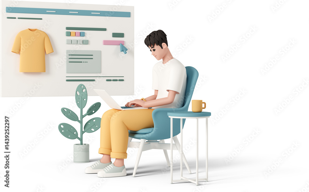 Fototapeta premium man with laptop on background of web page of online store