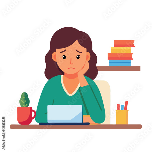 Bored woman sitting at desk. Tired sad office worker. Procrastination, burnout and boredom concept. Depressed upset exhausted lazy student. Flat vector illustration isolated on white background