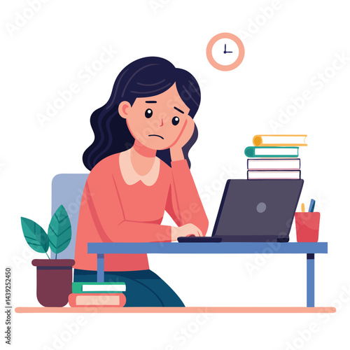 Bored woman sitting at desk. Tired sad office worker. Procrastination, burnout and boredom concept. Depressed upset exhausted lazy student. Flat vector illustration isolated on white background
