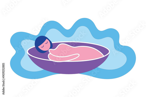 Woman Lying in Sound Bath with Therapeutic Sound Waves Gently Enveloping – Relaxing Vector Design on White Background