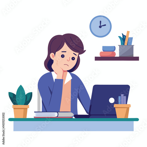 Bored woman sitting at desk. Tired sad office worker. Procrastination, burnout and boredom concept. Depressed upset exhausted lazy student. Flat vector illustration isolated on white background