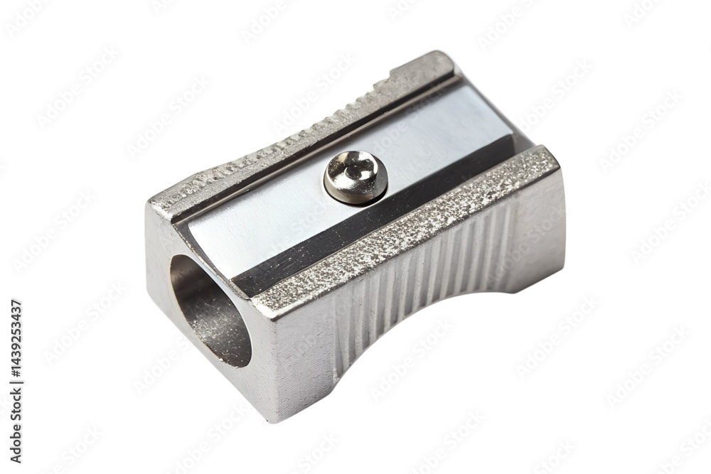 Closeup of a single hole metal pencil sharpener against a gray background transparent background Closeup of a single hole metal pencil sharpener against a gray background transparent background