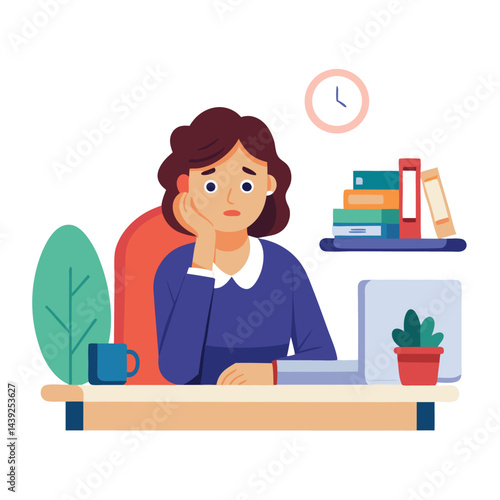 Bored woman sitting at desk. Tired sad office worker. Procrastination, burnout and boredom concept. Depressed upset exhausted lazy student. Flat vector illustration isolated on white background