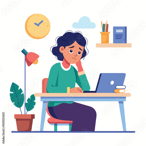 Bored woman sitting at desk. Tired sad office worker. Procrastination, burnout and boredom concept. Depressed upset exhausted lazy student. Flat vector illustration isolated on white background
