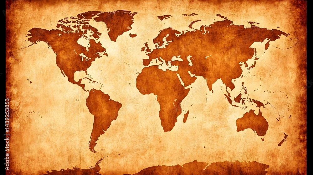 Fototapeta premium Antique world map design vintage style digital artwork warm tones classic view historical concept