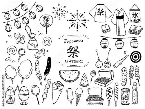 日本の夏祭りの手描きイラストセット(モノクロ線画)