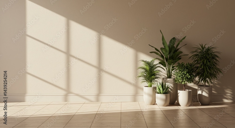 Interior design with potted plants and sunlight creates a calming atmosphere Interior design with potted plants and sunlight creates a calming atmosphere