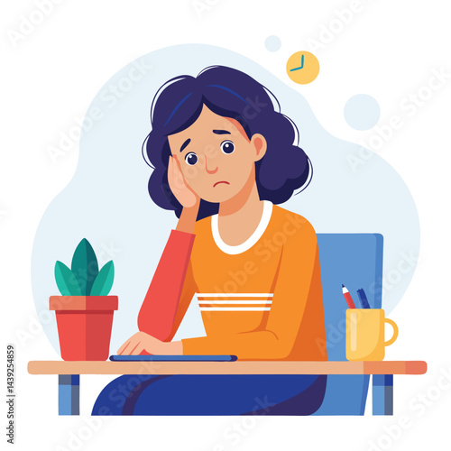 Bored woman sitting at desk. Tired sad office worker. Procrastination, burnout and boredom concept. Depressed upset exhausted lazy student. Flat vector illustration isolated on white background