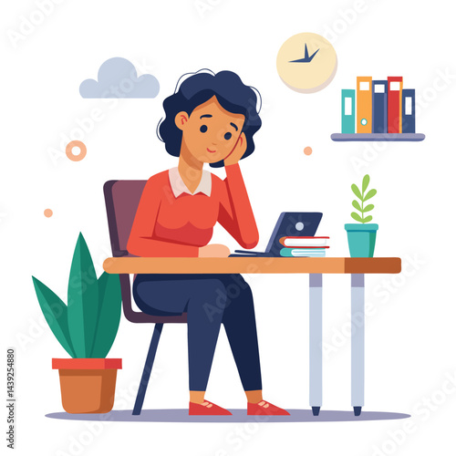 Bored woman sitting at desk. Tired sad office worker. Procrastination, burnout and boredom concept. Depressed upset exhausted lazy student. Flat vector illustration isolated on white background