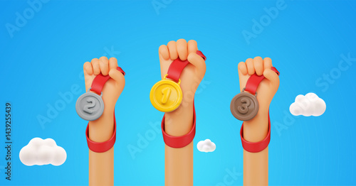 Winner Hands Holding Gold, Silver, Bronze Medals with Red Ribbons on Blue Sky Background, Victory and Achievement Concept, 3D Cartoon Style Illustration. Vector Illustration.