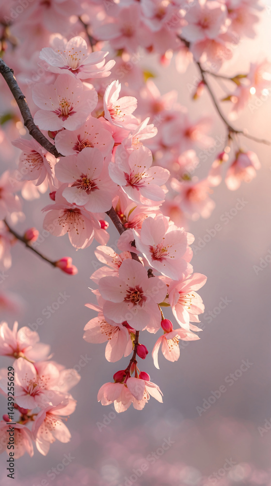 Obraz premium Fresh baby pink cherry blossom flower vines blooming with soft petals on warm pink pastel background bathed in soft sunlight for calm stock photo floral botanical wallpaper background