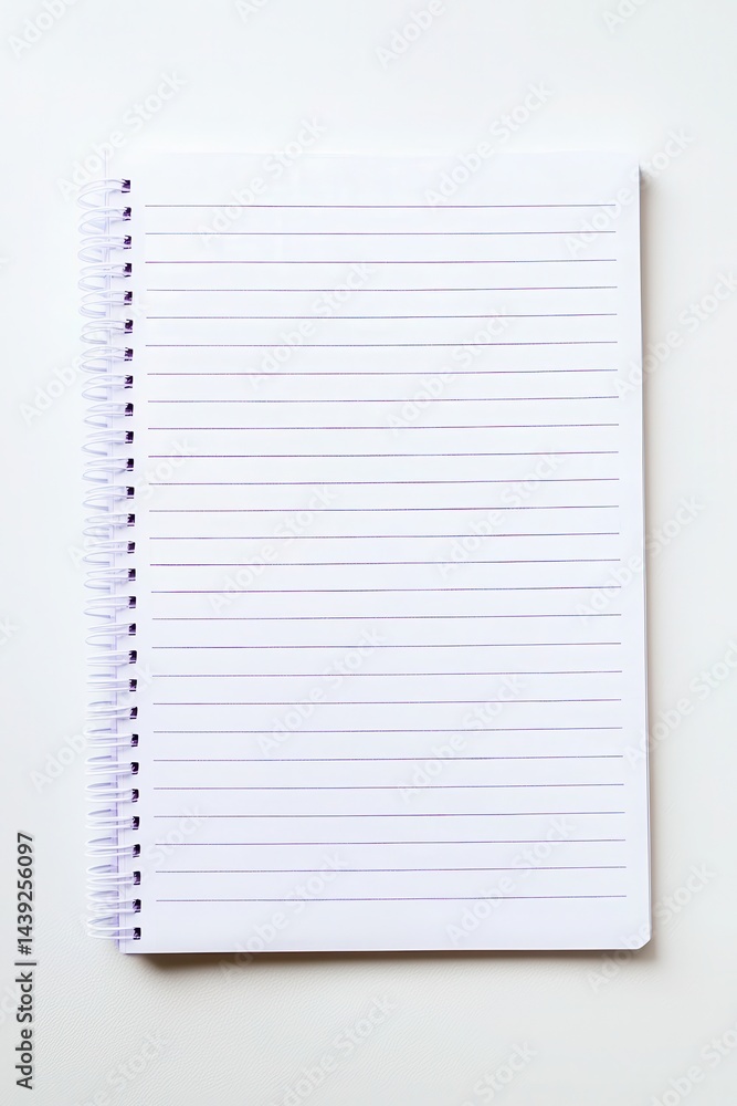 Blank lined notebook page with spiral binding on a clean white surface for writing notes Blank lined notebook page with spiral binding on a clean white surface for writing notes