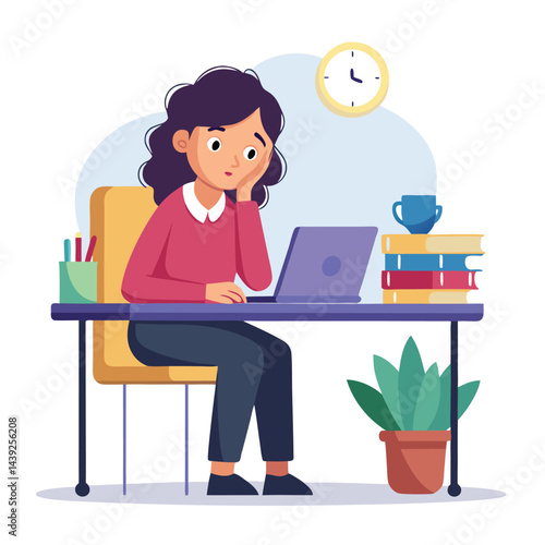 Bored woman sitting at desk. Tired sad office worker. Procrastination, burnout and boredom concept. Depressed upset exhausted lazy student. Flat vector illustration isolated on white background