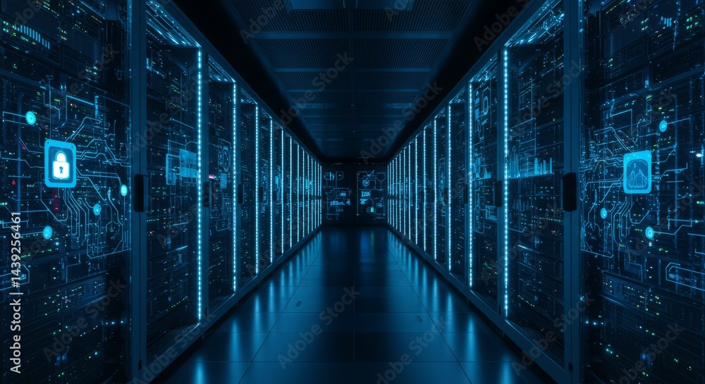 Fototapeta premium Modern server room data center with security and digital network
