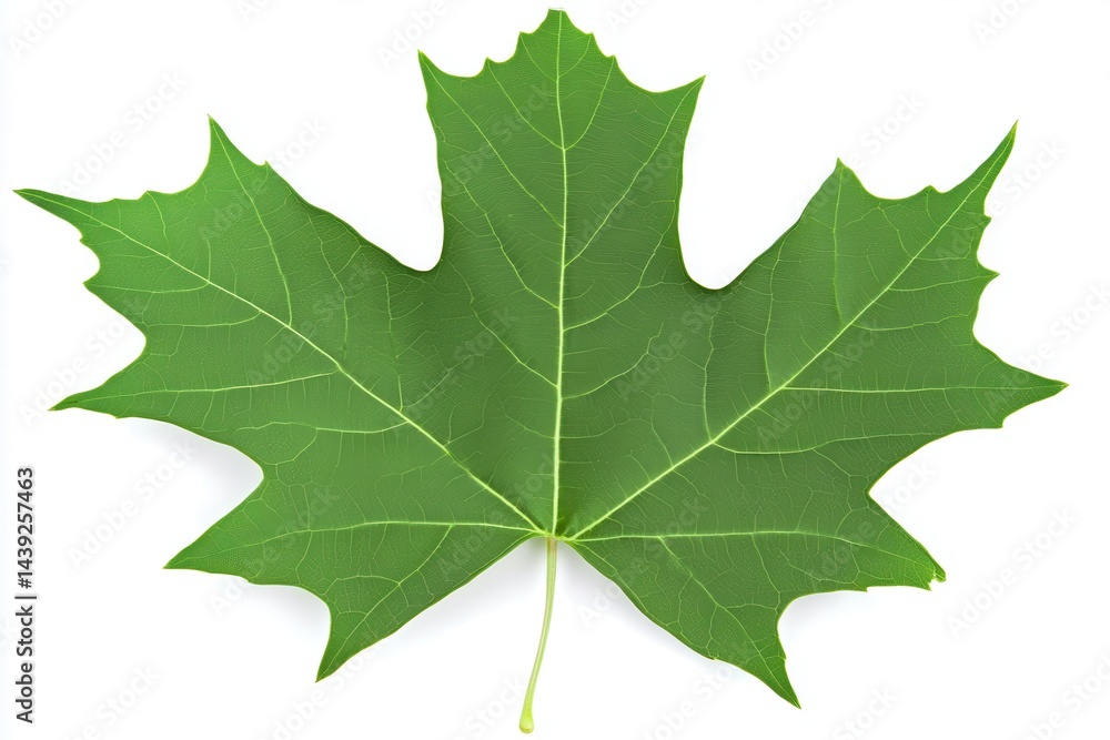 Close-up of a vibrant green maple leaf showcasing detailed veins against a white background Close-up of a vibrant green maple leaf showcasing detailed veins against a white background