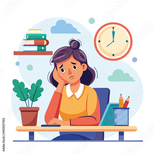 Bored woman sitting at desk. Tired sad office worker. Procrastination, burnout and boredom concept. Depressed upset exhausted lazy student. Flat vector illustration isolated on white background