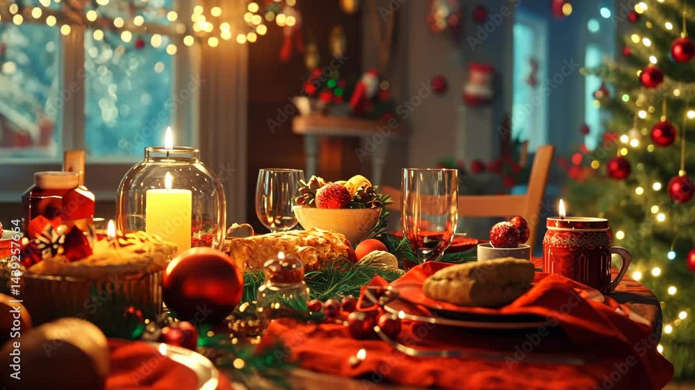 Festive holiday dinner table with lights and decorations in cozy winter setting Festive holiday dinner table with lights and decorations in cozy winter setting