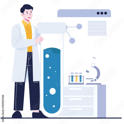 A male scientist working with a giant test tube filled with blue liquid in a scientific laboratory.