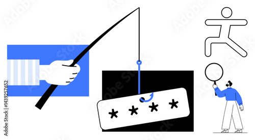 Hand holding a rod with a fishing hook capturing a password placeholder. Illustrated person running and holding a balloon in minimal design. Ideal for cybersecurity, phishing awareness, password