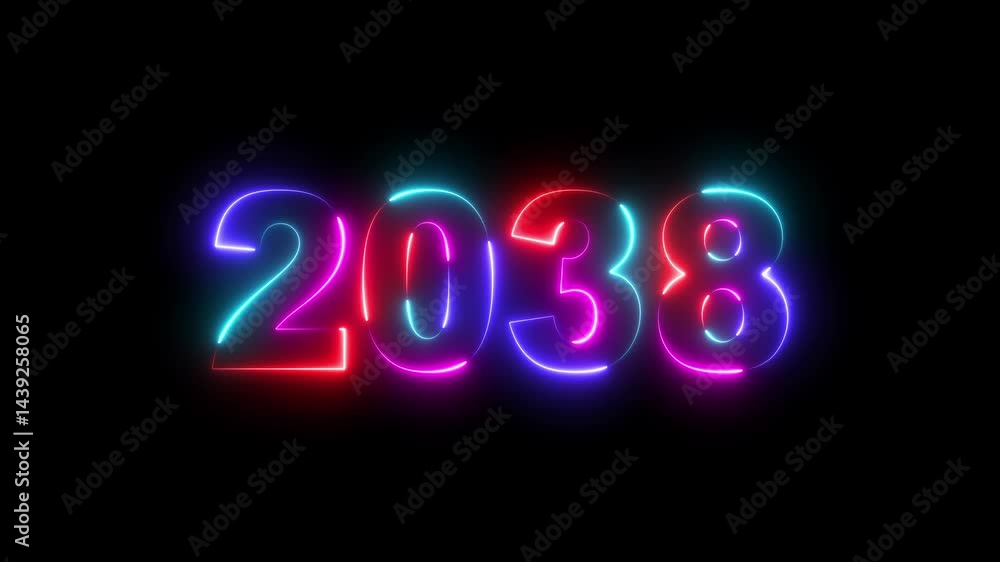 2038 neon line text. Abstract 2038 neon text animation, Glowing neon number text background 4k video. Digital font against a dark background with neon line looping animation. Happy new year concept 2038 neon line text. Abstract 2038 neon text animation, Glowing neon number text background 4k video. Digital font against a dark background with neon line looping animation. Happy new year concept