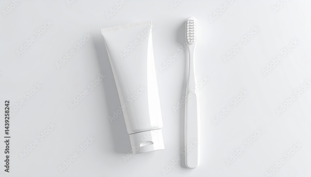 White Toothpaste Tube and Toothbrush Mockup on White Background for Oral Hygiene Product Design White Toothpaste Tube and Toothbrush Mockup on White Background for Oral Hygiene Product Design