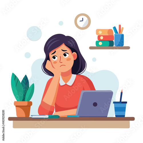 Bored woman sitting at desk. Tired sad office worker. Procrastination, burnout and boredom concept. Depressed upset exhausted lazy student. Flat vector illustration isolated on white background