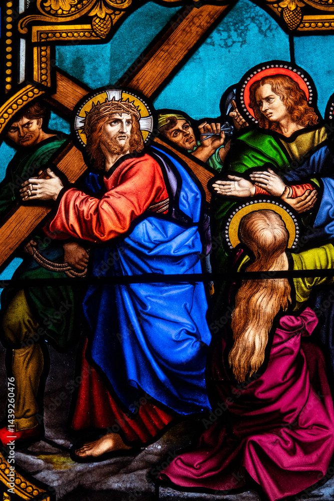 Stained glass (19th century) of The Way of the Cross. Second station: Jesus takes up his cross. Stained glass (19th century) of The Way of the Cross. Second station: Jesus takes up his cross.