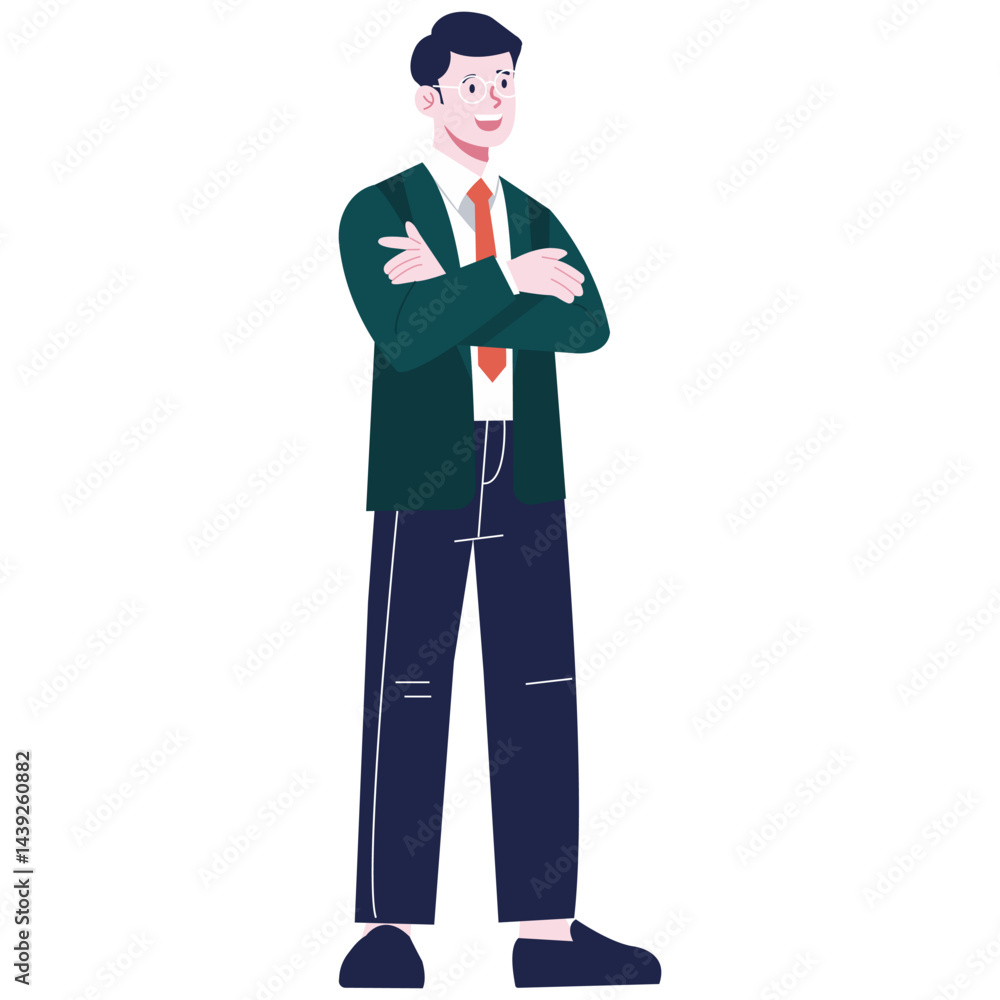 Businessman Pose Illustration. Vector illustration of Confident businessman standing with arms crossed, wearing glasses, a green jacket, and a red tie. Isolated on background Businessman Pose Illustration. Vector illustration of Confident businessman standing with arms crossed, wearing glasses, a green jacket, and a red tie. Isolated on background