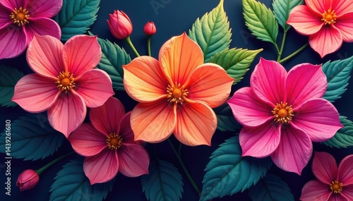 Continuous blossom motif, intertwined petals, vibrant hues , summer, color