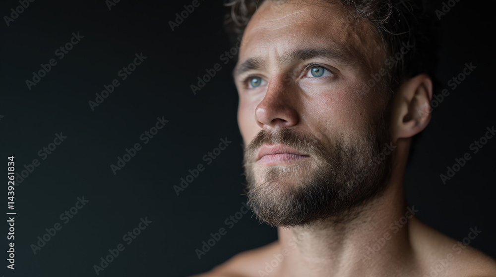 Fototapeta premium Focused man with beard and intense expression, showcasing strength and determination
