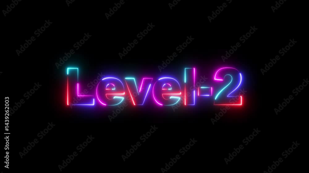 Level two text font with neon line. Level 2 neon sign. FORE color letters spelling out level Up appear on screen. Level -2. Congrats. You Climbed to a Higher Level Level two text font with neon line. Level 2 neon sign. FORE color letters spelling out level Up appear on screen. Level -2. Congrats. You Climbed to a Higher Level