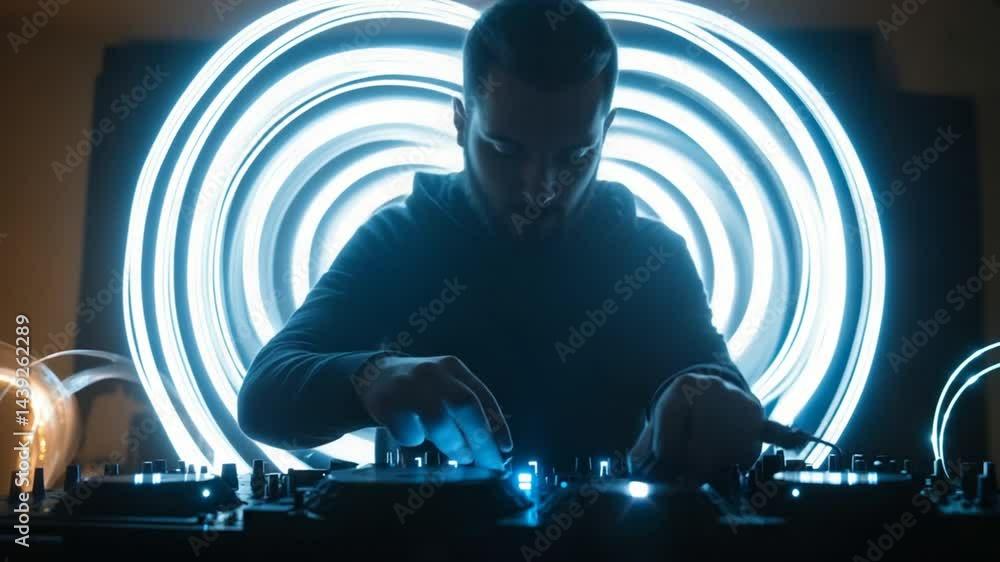 DJ Performing  Under  Neon Lights, Night Club Vibe