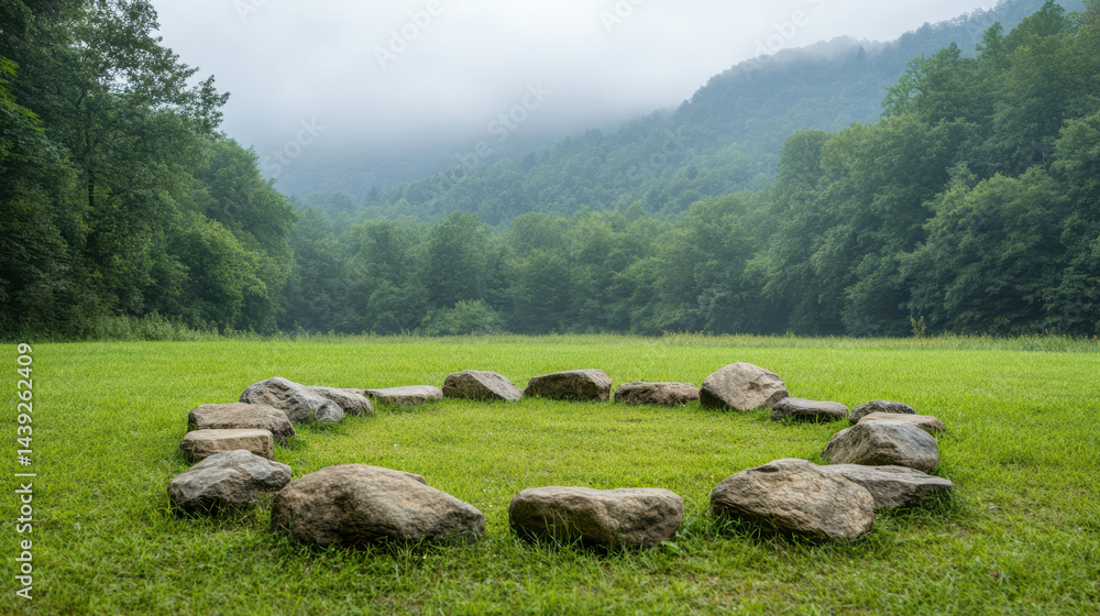 Obraz premium Grounding stone circle in serene forest clearing surrounded by lush greenery and misty mountains