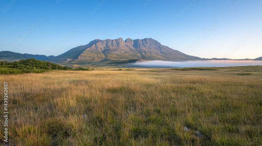 Fototapeta premium Majestic mountain range with mist rising over grassy fields sunrise, creating serene atmosphere