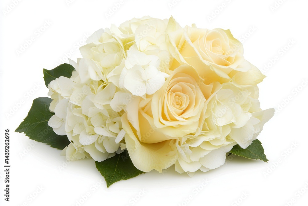 Elegant arrangement of white roses and hydrangeas on a clean background, perfect for floral design Elegant arrangement of white roses and hydrangeas on a clean background, perfect for floral design