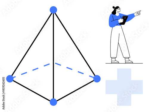 Large geometric pyramid with connected points and dotted line base. Person holding tablet gestures while standing near a cross shape. Ideal for data analysis, geometry, education, strategy, teamwork