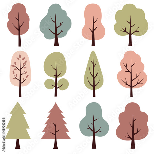 Collection of Simple Illustrated Trees in Various Shapes and Colors.Illustration of six uniquely styled trees with varying colors and shapes, featuring abstract designs and outlines. 

