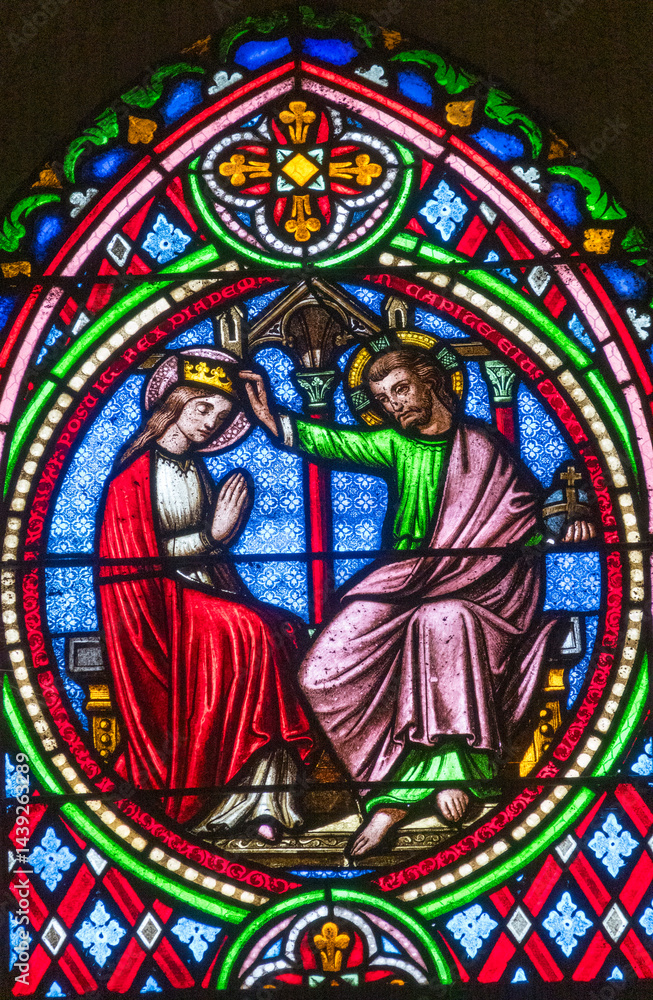 Fototapeta premium Stained glass (19th century) of Coronation of the Virgin Mary, Mother of God, in heaven by Jesus.