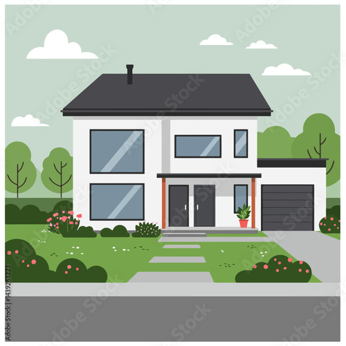 Charming Family House with Lush Garden and Bright Sunny Surroundings.A picturesque cozy house with a lush garden, situated against a clear, sunny sky, promoting tranquility and homeliness.
