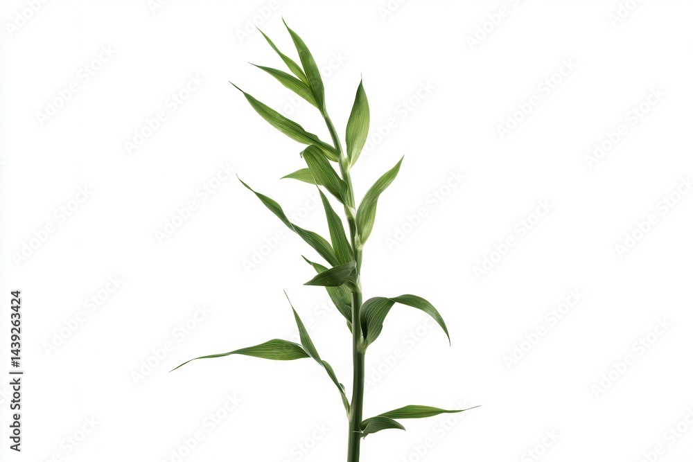 Fototapeta premium Elegant green bamboo stalk with vibrant leaves against a clean white background