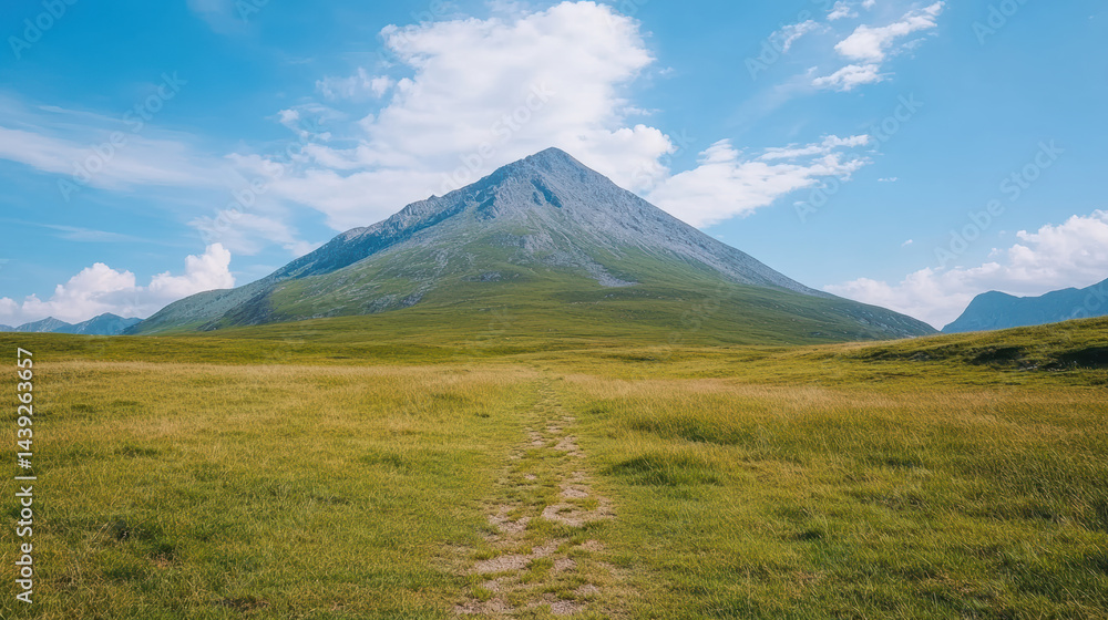 Obraz premium Majestic mountain peak rises above lush green grassland under bright blue sky