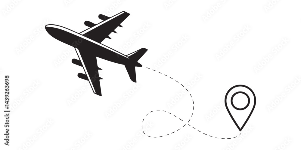 An airplane in flight, leaving a dashed line trail leading to a location marker icon, vector illustration