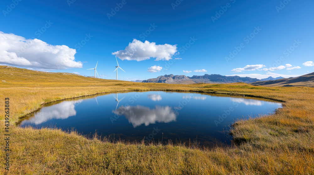 Wind turbines reflected in serene lake under clear blue sky create tranquil landscape