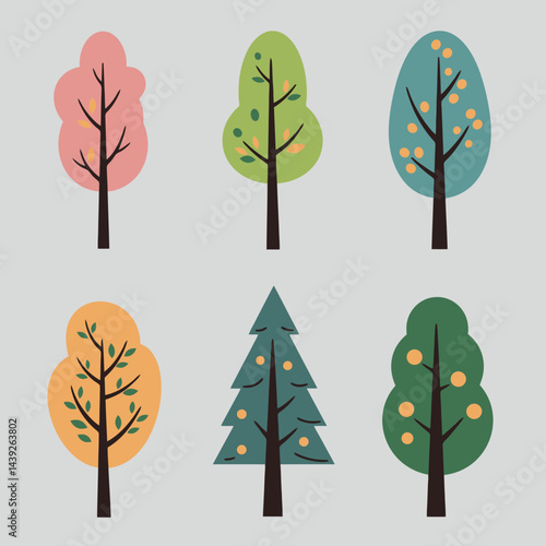 Collection of minimalistic tree icons representing various seasons with vibrant colors and unique shapes, perfect for design projects focusing on nature, landscaping, or environmental topics.

