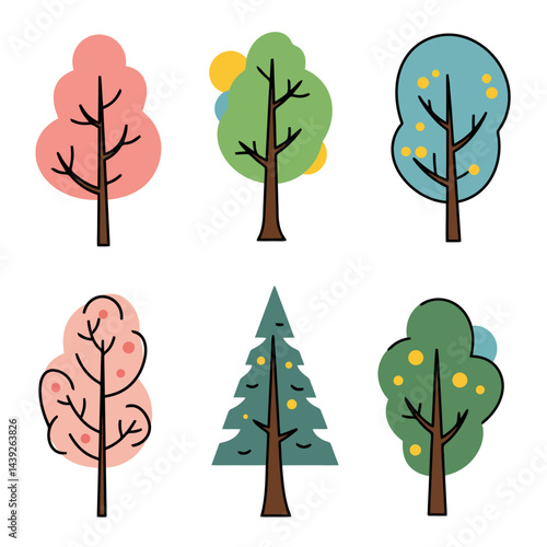 Collection of minimalistic tree icons representing various seasons with vibrant colors and unique shapes, perfect for design projects focusing on nature, landscaping, or environmental topics.

